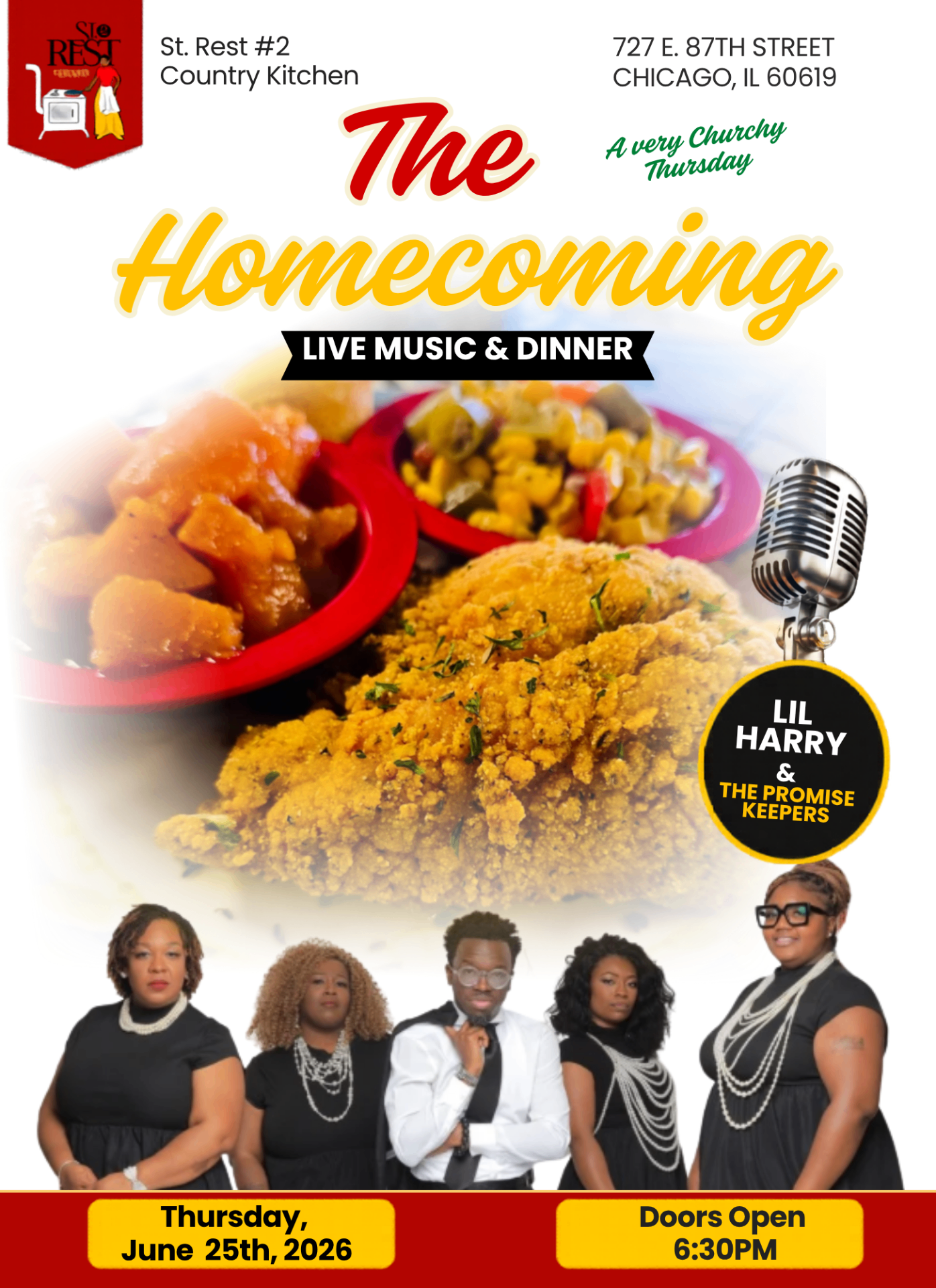 The Homecoming — Live Music & Dinner flyer featuring Lil Harry & The Promise Keepers